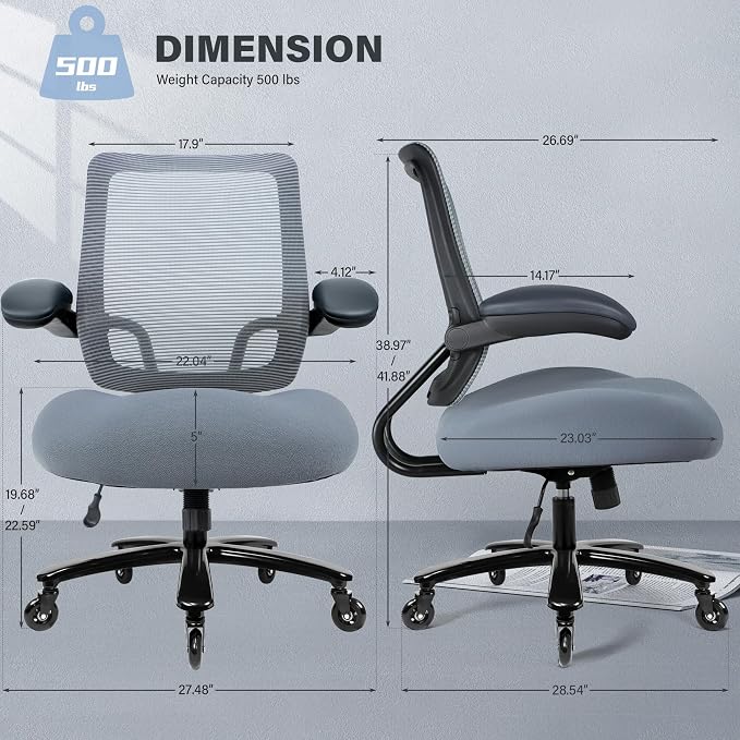 Kassipo 500LBS Big and Tall Office Chair with Flip-Up Armrests, Heavy Duty Office Chair for Heavy People, Memory Foam Seat Filling Springs, Grey