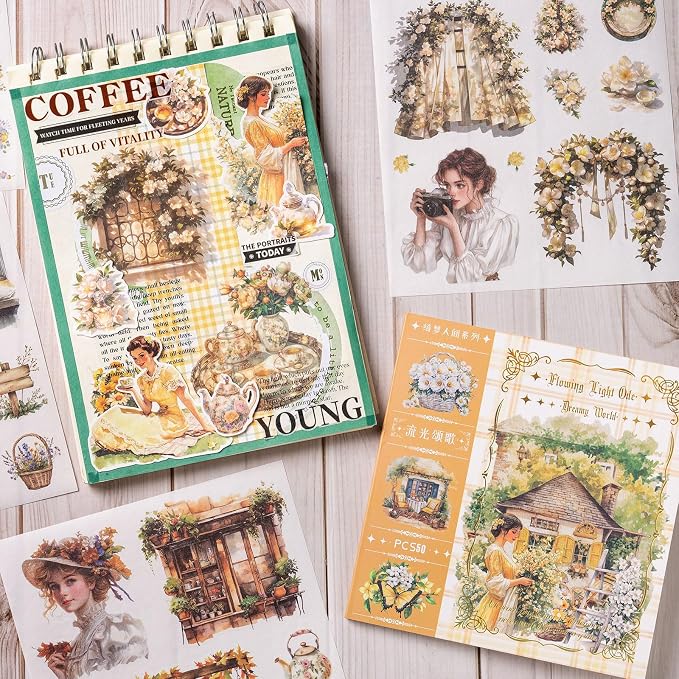 YagCu Garden Journal Sticker Book, 50 Sheets Washi Junk Journaling Sticker, Scrapbook Supplies, Watercolor Scrapbooking for Adults, Yellow Decorative Ephemera Arts Craft