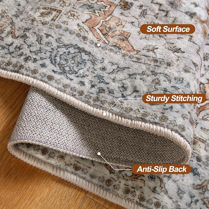 Tangsoo 8x10 Area Rug for Living Room, Washable Vintage Rugs Indoor Non Slip Large Area Rugs, Print Distressed Grey Carpet, Soft Low Pile Foldable Floor for Bedroom Dining Room Dorm