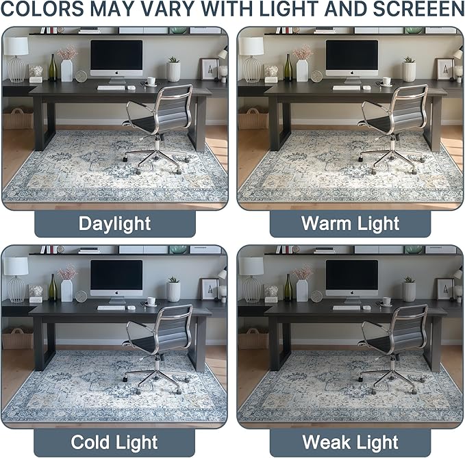 Office Chair Mat for Hardwood Tile Floor, Under Desk Carpet Protector for Rolling Computer Chair Mat, Round Washable Rugs 4ft Circle Area Rug, Anti-Slip 1/5" Thick Low Pile Thin Floor Mat, Blue
