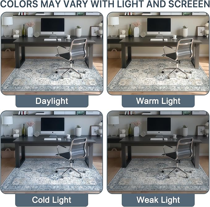 48"x72" Office Chair Mat for Hardwood Tile Floor, Under Desk Carpet Protector for Rolling Computer Chair Mat, Machine Washable Area Rug, Anti-Slip 1/5" Thick Low Pile Thin Vinyl Floor Mat, Blue