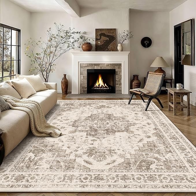9x12 Vintage Washable Area Rugs Boho Medallion Large Distressed Retro Accent Carpet Floral Non-Slip Soft Low Pile Indoor Throw Rug for Living Room Bedroom Dining Room Office Kitchen, Taupe