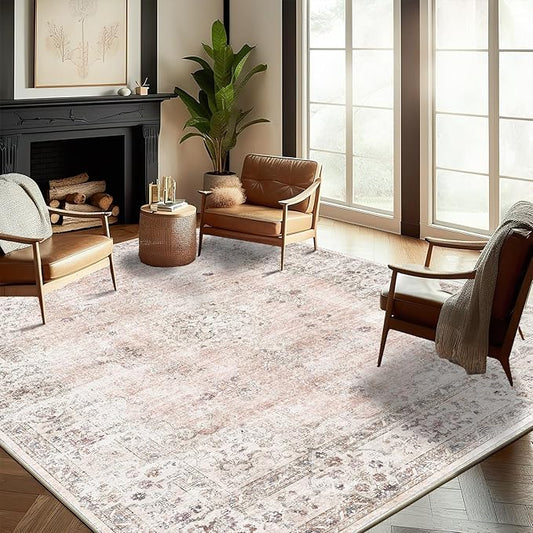 Washable Area Rug 8'x10' Retro Boho Design Non-Shedding Non-Slip Easy Care Ideal for High Traffic Areas in Living Room Bedroom Office Coffee Table Kitchen Large Carpet