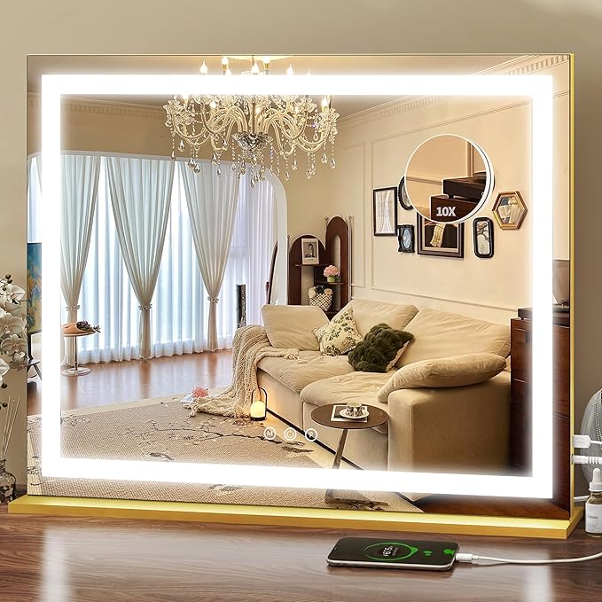 ROLOVE Gold Vanity Mirror with Lights 23x18 Inch, 3-Color Dimmable LED & Touch Control - Large Makeup Mirror for Dressing Room (Wall/Tabletop Mount)