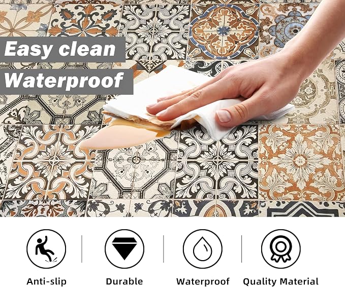 Boho Kitchen Rugs Set 2 Memory Foam Colorful Ceramic Comfort Tile Floor Mat Anti Fatigue Non-Skid PVC Runner Rug Water & Oil Proof Carpet for Kitchen Laundry Sink,17.3x28+17.3x47 Inch, C3