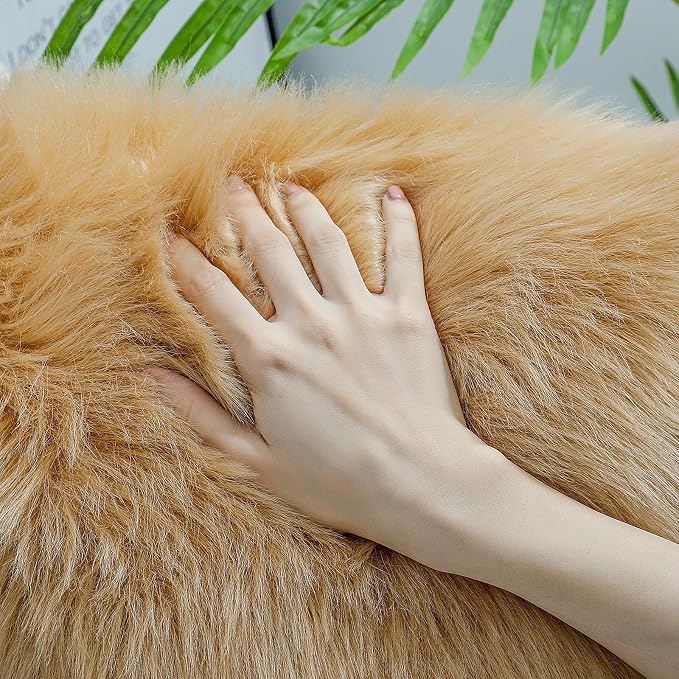 linmopm Faux Fur Sheepskin Rug, Beige, 2x6 ft Runner | Shag Fluffy Fuzzy, High-Density Cushion, For Bedroom Bedside Living Room, Plush Carpet