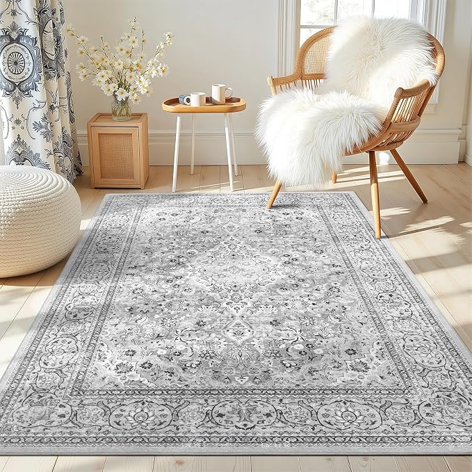 4x6 Grey Washable Boho Area Rug for Bedroom, Vintage Floral Non Slip Living Room Rugs, Soft Low Pile Indoor Mat, Aesthetic Pattern Carpet for Kitchen, Dining Room and Bedside