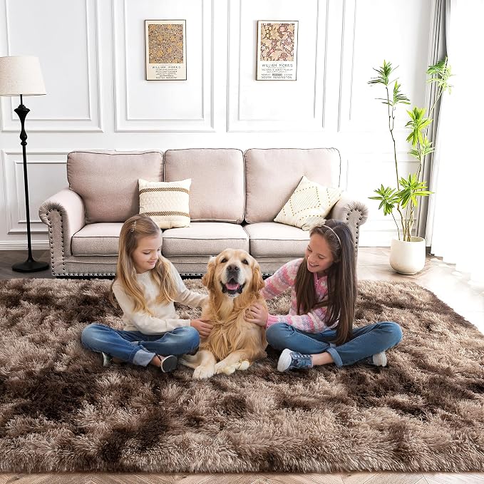 Awaytail 8x10 Shag Area Rug - Fluffy Fuzzy Nursery Kids Girls Room Rug - Soft Plush Furry Bedside Carpet- Tie-Dyed Brown
