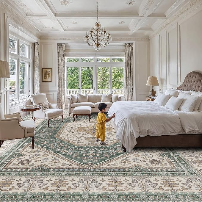 12X15 Area Rug for Living Room: Large Washable Oriental Rugs for Bedroom Non Slip Backing Stain Resistant Indoor Soft Floor Carpet for Dining Table Nursey Dorm Kitchen Low Pile Green/Beige