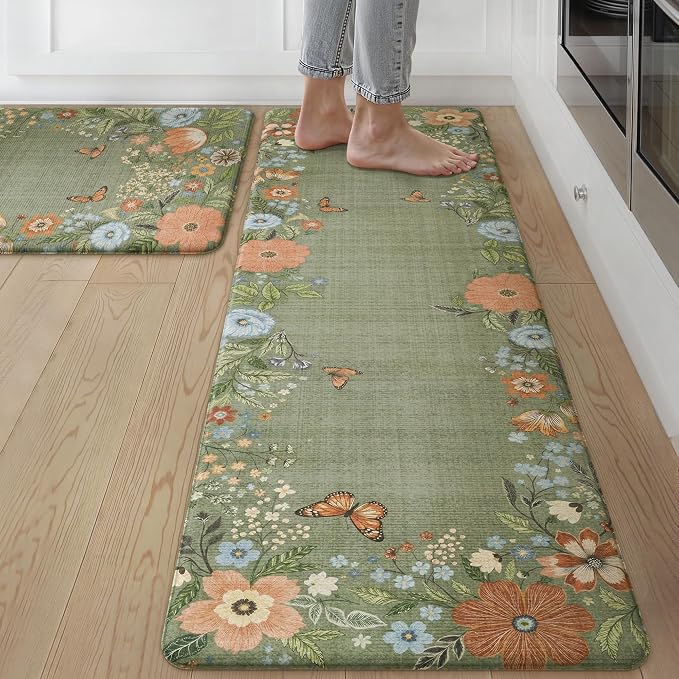 GENIMO Anti Fatigue Kitchen Mats for Floor 2PCS, Cushioned Standing Mats | 17.3"x59"&17.3"x30", Natural Green vintage floral rug set, waterproof, non slip, easy-clean for farmhouse