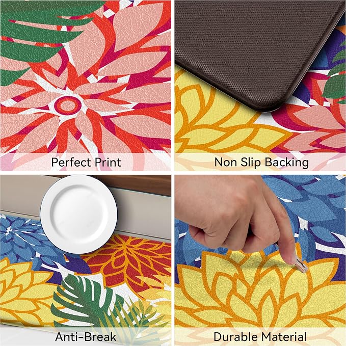 Arenarug Kitchen Mats for Floor 2PCS Cushioned Anti Fatigue Kitchen Mats Waterproof Non Slip Kitchen Mat Rug Set Comfort Foam Standing Mat for Sink, Laundry, Office,17.3" x 28" + 17.3" x 47", Colorful