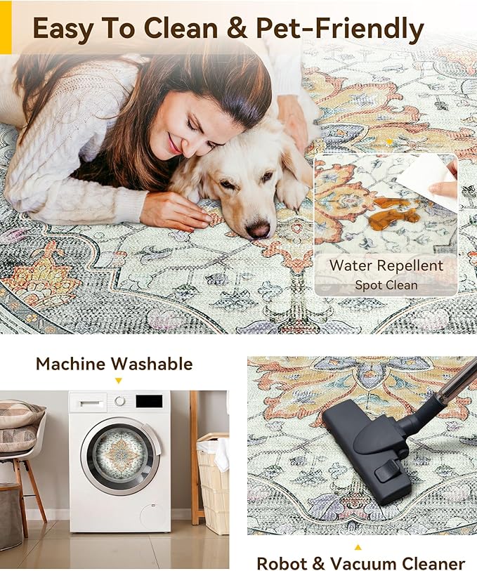 RELEANY Area Rugs Round 10ft Washable Non-Slip, Floral Vintage Distress Medallion Carpet for Living Room Bedroom Dining Room, Beige Carbon Grey Orange