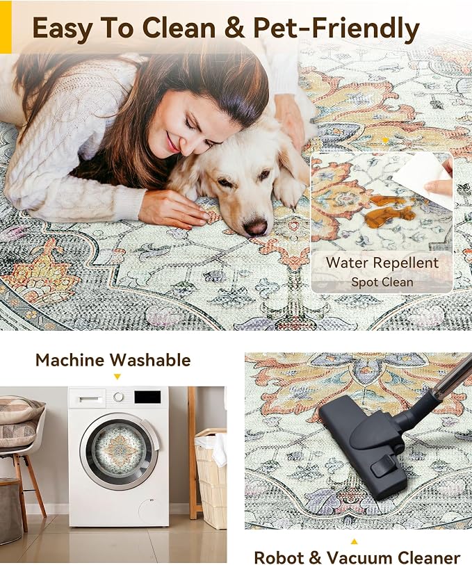 RELEANY Area Rugs Round 7ft Washable Non-Slip, Floral Vintage Distress Medallion Carpet for Living Room Bedroom Dining Room, Beige Carbon Grey Orange
