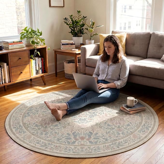 Office Chair Mat for Hardwood Tile Floor, Under Desk Carpet Protector for Rolling Computer Chair Mat, Round Washable Rugs 5ft Circle Area Rug, Anti-Slip 1/5" Thick Low Pile Thin Floor Mat, Beige Pink