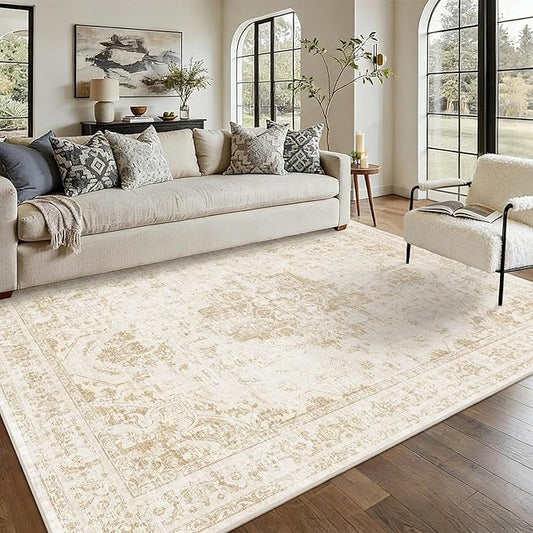 5x7 Vintage Washable Area Rugs Boho Medallion Large Distressed Retro Accent Carpet Floral Non-Slip Soft Low Pile Indoor Throw Rug for Living Room Bedroom Dining Room Office Kitchen, Beige