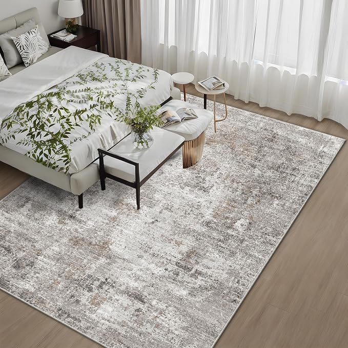 9x12 Washable Living Room Rugs - Modern Abstract Neutral Soft Large Area Rugs for Bedroom Non-Slip Low Pile Thin Stain-Resistant Carpet for Dining Room Home Office (Beige Grey)