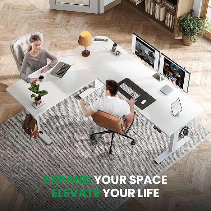 SIAGO L-Shaped Standing Desk - 75 x 63 Inch Adjustable Corner Standing Desk with Charging Station - L Shape Sit Stand Table with Memory Controller, Splice Board for Home Office