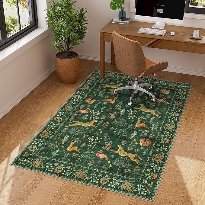 DUKINO 3x4 Washable Entryway Rug, Vintage Animal Ultra Soft Kitchen Area Rug with Non Slip Backing, Low Pile & Stain Resistant Indoor Door Mat for Bathroom, Bedroom, Laundry Room, Office, Green