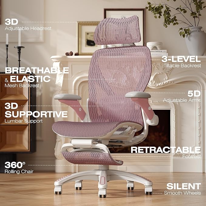 ELABEST X100 Ergonomic Mesh Office Chair with Footrest, Big and Tall Hone Desk Chair with 5D Flip-Up Arms, Adjustable 3D Lumbar Support,Gaming & Executive Computer Chairs