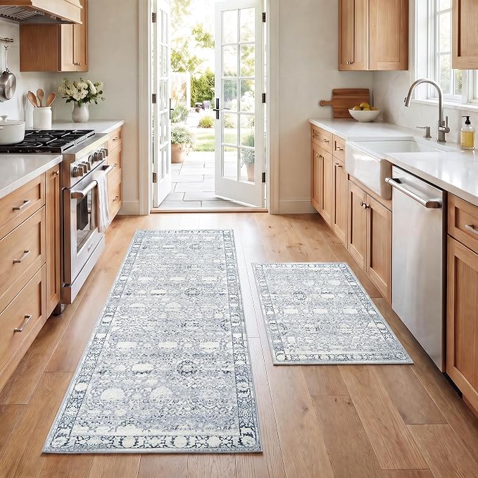 GRANNY SAYS Boho Kitchen Rug Sets of 2, Non Slip Washable Faux Wool Kitchen Mats for Floor, Thick Soft Anti-Fatigue Comfort Standing Mat Runner Rugs for Hallway Laundry Room, Grey