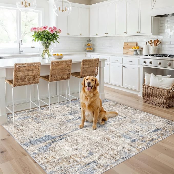 5x5 Square Entryway Rug Washable – Non-Slip Small Area Rug for Kitchen or Bathroom, Soft Low-Pile Indoor Mat, Modern Abstract Thin Door Carpet (Blue Brown)