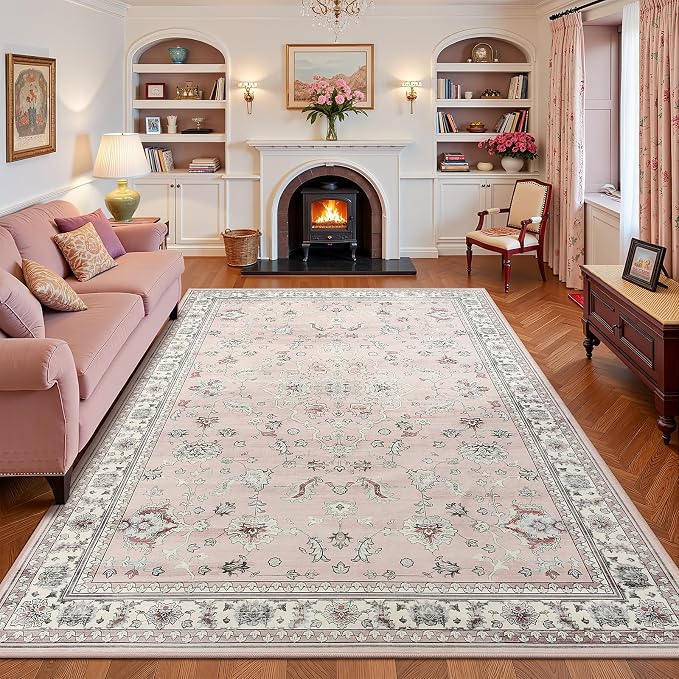 5x7 Light Pink Washable Boho Area Rug for Living Room, Vintage Floral Non Slip Bedroom Rugs, Wool Low Pile Indoor Mat, Aesthetic Pattern Carpet for Kitchen, Office and Kids Room