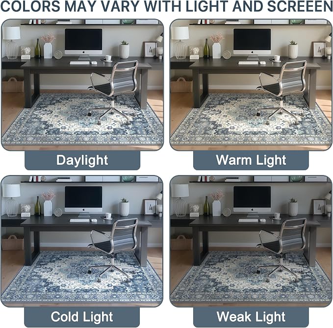 48"x60" Office Chair Mat for Hardwood Tile Floor, Under Desk Carpet Protector for Rolling Computer Chair Mat, Machine Washable Area Rug, Anti-Slip 1/5" Thick Low Pile Thin Vinyl Floor Mat, Navy