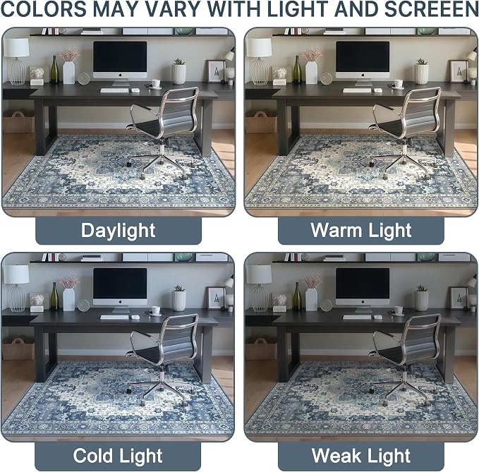 48"x72" Office Chair Mat for Hardwood Tile Floor, Under Desk Carpet Protector for Rolling Computer Chair Mat, Machine Washable Area Rug, Anti-Slip 1/5" Thick Low Pile Thin Vinyl Floor Mat, Navy