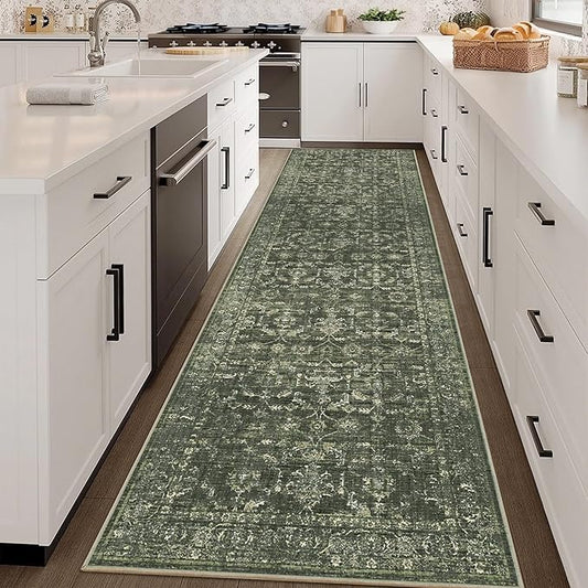 3x10 Green Runner Rug Hallway Washable Area Rugs Kitchen Vintage Boho Non Slip Long Rug Floral Carpet Indoor Retro Soft Low Pile Throw Rug for Bedroom Bathroom Laundry Dining Living Room Office