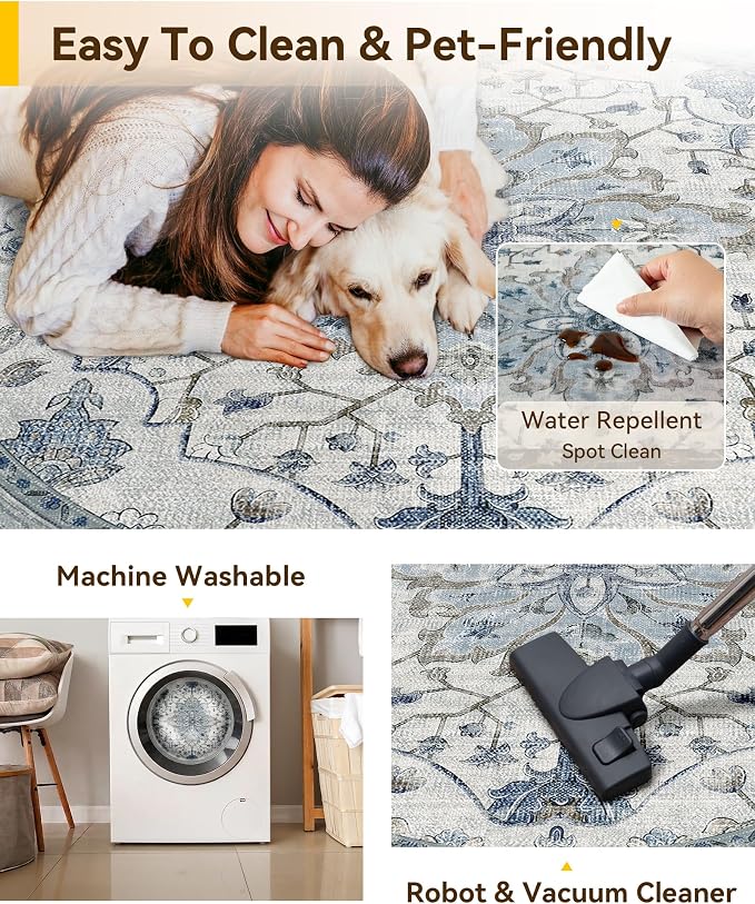 RELEANY Area Rugs Round 5ft Washable Non-Slip, Floral Vintage Distress Medallion Carpet for Living Room Bedroom Dining Room, Light Blue Navy Gray White