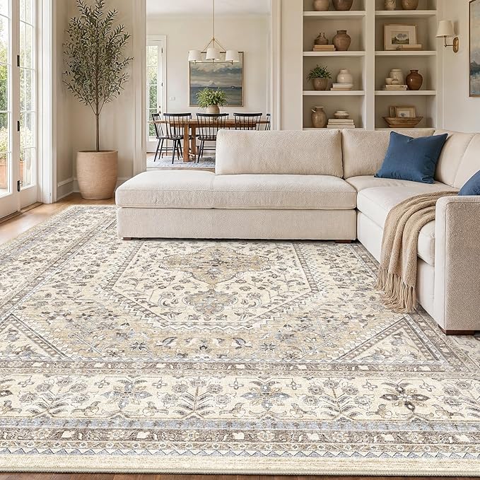 Puino 12x12 Square Area Rug - Washable Oriental Large Rugs for Living Room Soft Non-Slip Backing Indoor Carpet for Bedroom Low Pile Stain Resistant Floor Mat for Dinning Room Home Decor Beige/Gray