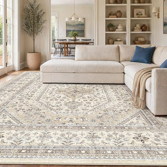 Puino 12x12 Square Area Rug - Washable Oriental Large Rugs for Living Room Soft Non-Slip Backing Indoor Carpet for Bedroom Low Pile Stain Resistant Floor Mat for Dinning Room Home Decor Beige/Gray