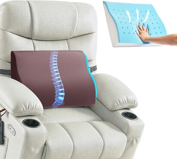 Dual-Layer Memory Foam Lumbar Support Pillow for Recliner, Coffee | Back Support Cushion with Adjustable Strap & Washable Cover, Ergonomic Lumbar Pillow for Elderly Back Pain Relief Couch Sofa