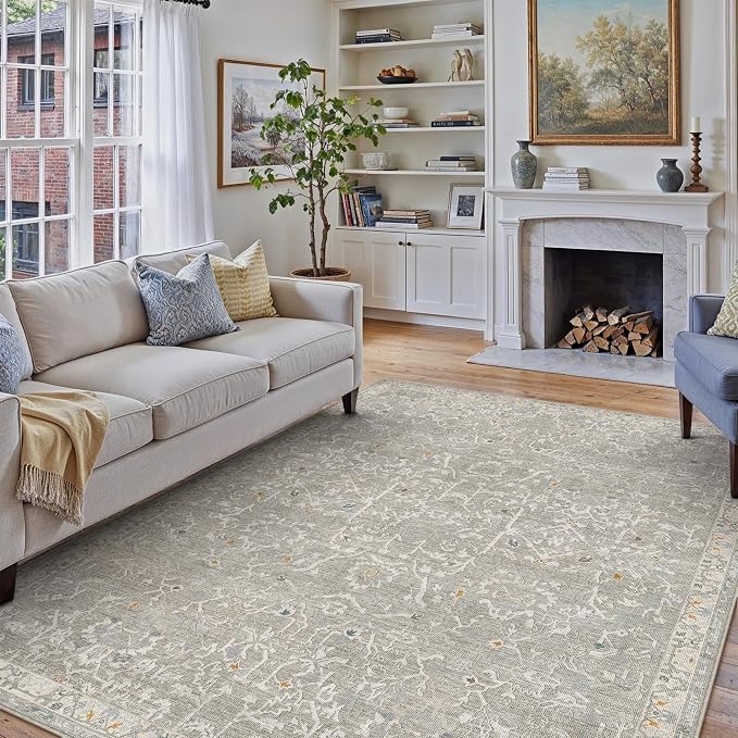 HUGEAR Area Rug 8x10 Retro Grey Machine Washable Living Room Rugs Distressed Vintage Floral Vacuumable Low Pile Carpet Bedroom Office Dining Room Laundry Room Non Slip Soft Lightweight