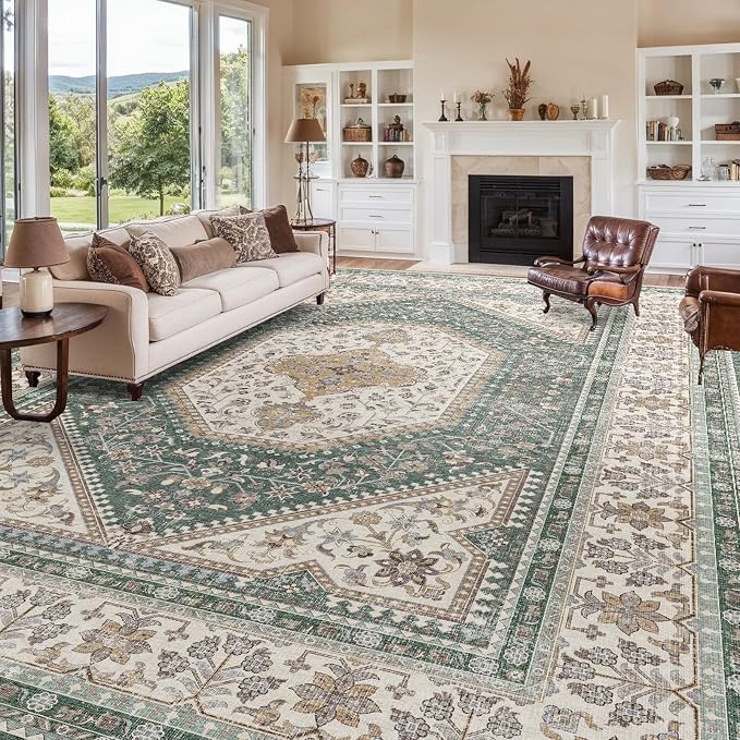 12X15 Area Rug for Living Room: Large Washable Oriental Rugs for Bedroom Non Slip Backing Stain Resistant Indoor Soft Floor Carpet for Dining Table Nursey Dorm Kitchen Low Pile Green/Beige