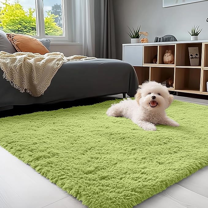 OLANLY 3x5 Machine Washable Small Bedside Rug, Soft Fluffy Shaggy Rugs for Living Room, Bedroom, Indoor Floor Carpet for Kids Girls and Boys, Preppy Dorms, Nursery, Home Decor Aesthetic, Grass Green
