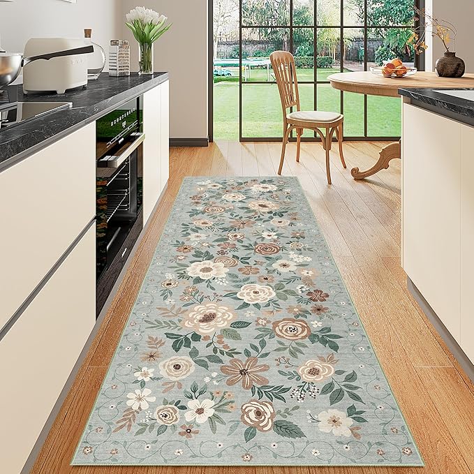 DUKINO Runner Rug, 2.6x8 Kitchen Rugs for Hallway with Non Slip Backing, Washable Low Pile Soft Boho Floral Runner Carpet for Hallway, Kitchen, Entryway, Laundry, Bedroom, Sage Green