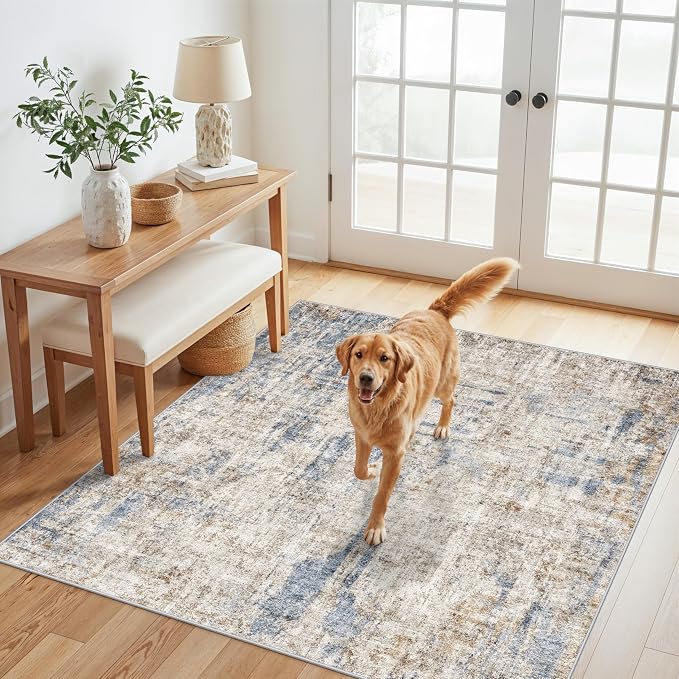 5x5 Square Entryway Rug Washable – Non-Slip Small Area Rug for Kitchen or Bathroom, Soft Low-Pile Indoor Mat, Modern Abstract Thin Door Carpet (Blue Brown)