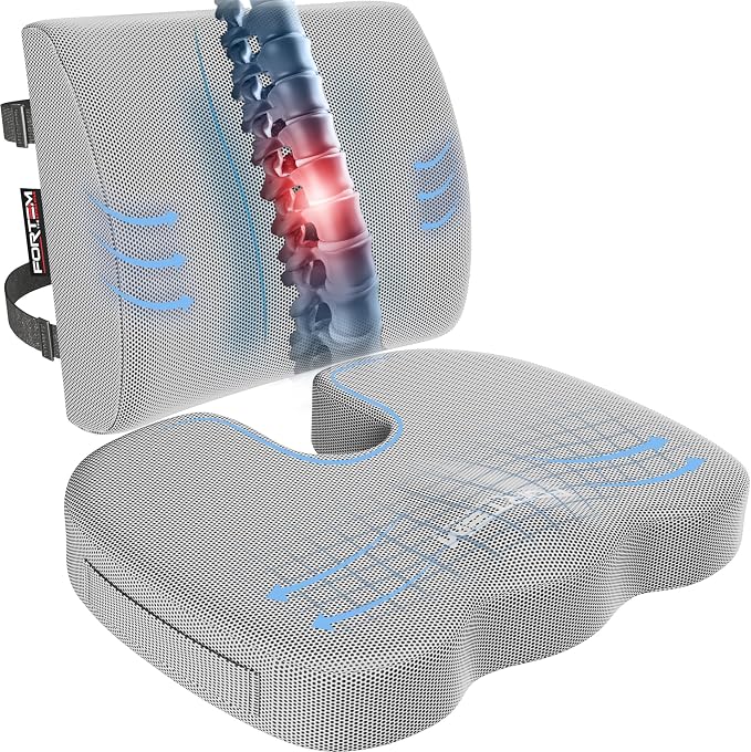 FORTEM Seat Cushion, Office Chair Cushion, Lumbar Support Pillow for Office Chair, Memory Foam Car Seat Cushions, Sciatica Coccyx Tailbone Pain Relief, Cushions for Back Support, Washable, Non Slip