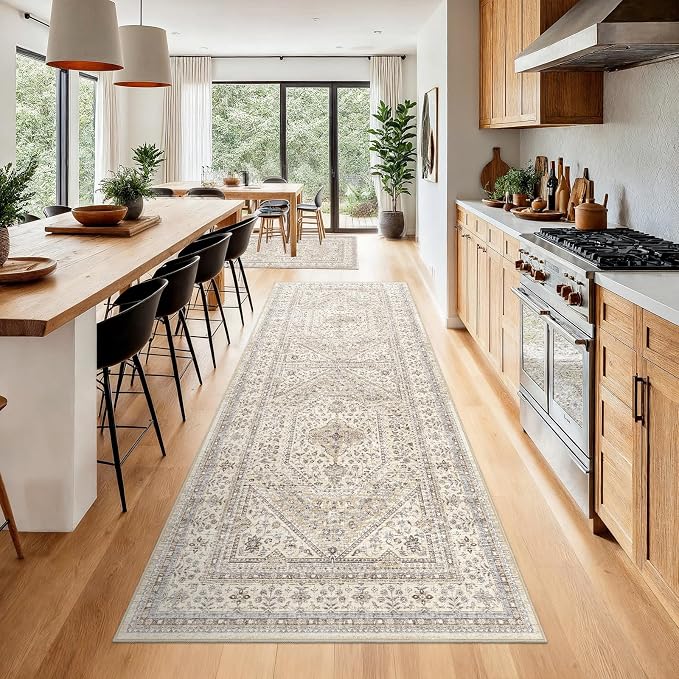 3x7 Runner Rug for Hallway Washable: Non Slip Kitchen Rugs with Rubber Backing Soft Waterproof Wide Mats Stain Resistant Low Pile Carpet for Entryway Bedroom Bathroom Laundry Home Decor Beige/Gray