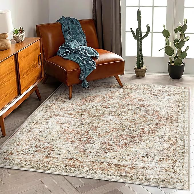 Washable Area Rug 3'x5' Vintage Traditional Floor Cover Foldable Thin Rugs Retro Kitchen Indoor Distressed Non Slip Carpet Floral Print Mat Bedroom Living Room