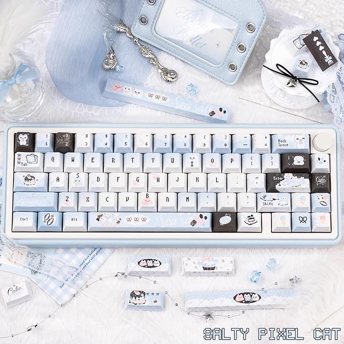 Cherry Profile PBT Keycaps - Cute Cat Keycaps, 145 Keys Blue White, Kawaii Anime Custom Keycap Set for US UK Layout Mechanical Keyboards with Key Puller（Pixel Art Style）