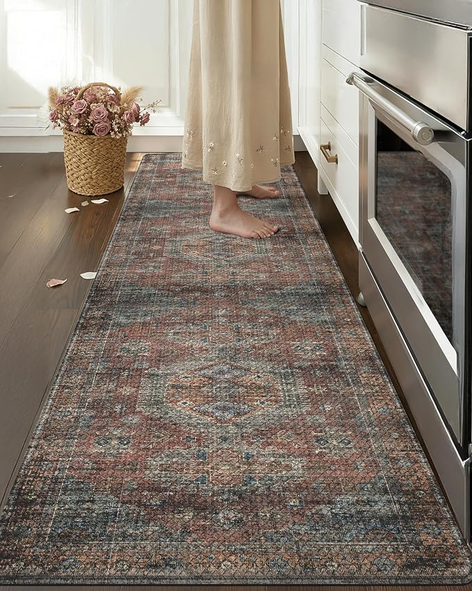 Color&Geometry Kitchen Floor Mat 24x59 Faded Boho Anti Fatigue,Dark Red | 0.4in Cushion Standing Mat For Cooking/Working/Laundry, Boho Decor, Non Slip PVC Kitchen Rug, Oil/Water Proof, Anti Slip