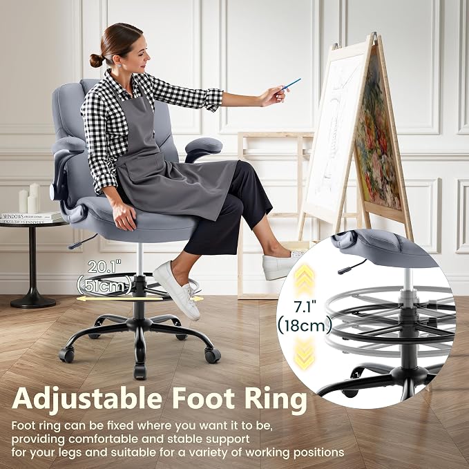 Drafting Chair 500Lbs, Tall Office Chair for Standing Desk, High PU Leather Executive Office Chair with Flip-up Armrests, Ergonomic High Chair with Adjustable Foot Ring, Comfy Stool Chairs, Grey