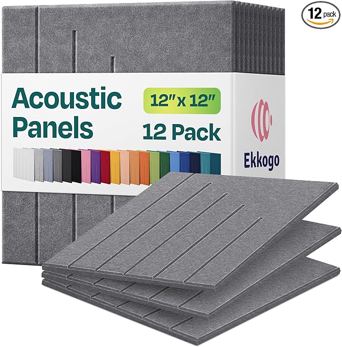 Acoustic Panels 12-Pack Soundproof Wall Panels 12"x12"x0.4" Decorative Sound Dampening for Your Home, Office, Studio, Bedroom & More with Unique LineWave Carving [Pebble Gray]