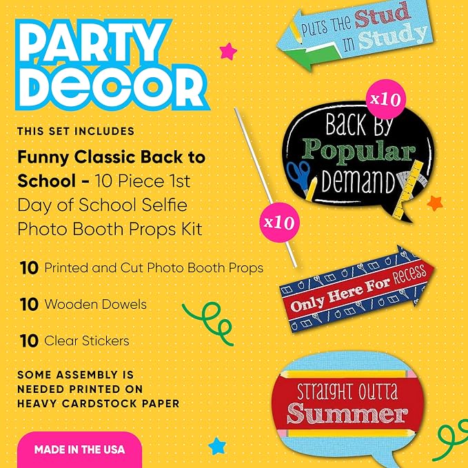 Big Dot of Happiness Funny Classic Back to School - First Day of School Decorations and Photo Booth Props Kit - 10 Piece