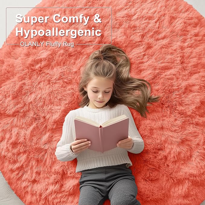 OLANLY Coral Red Round Rugs for Bedroom - Machine Washable, 9 ft Circle Area Rugs for Living Room, Soft and Fluffy Shaggy Carpet for Teen Girl and Boys, Nursery Rooms, Dorms, Home Decor Aesthetic