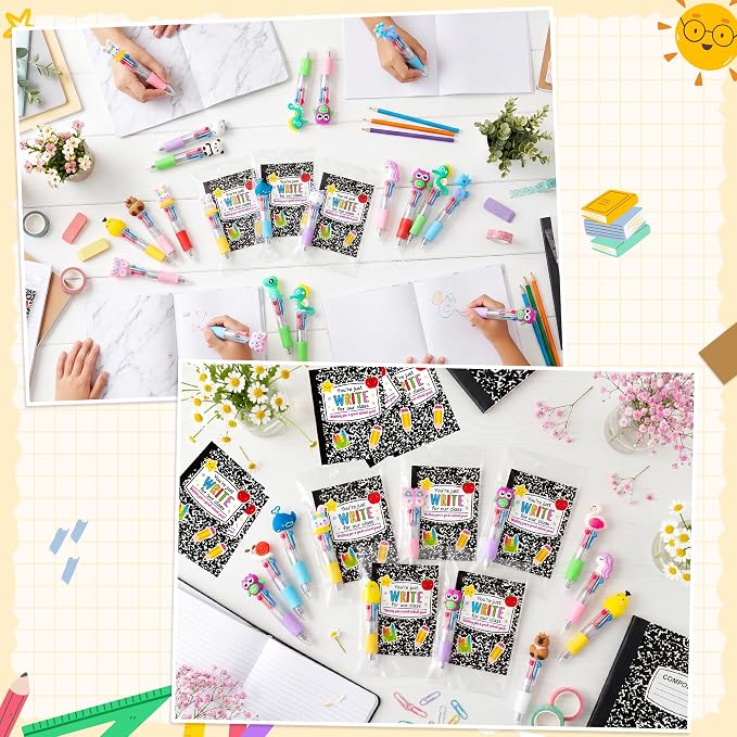 ANGOLIO Back to School Gifts for Students - 28 Sets First Day of School Gifts Include Animal 4 in 1 Multicolor Ballpoint Pens with Greeting Cards for Classmate Teacher Classroom Reward Party Supplies