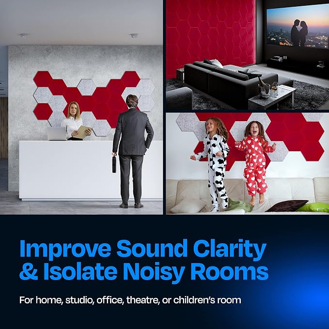Acoustic Panels 12-Pack Soundproof Wall Panels 14"X12.1"X0.4" Sound Panels High Density Sound Dampening Panels - [Candy Red Hexagon]