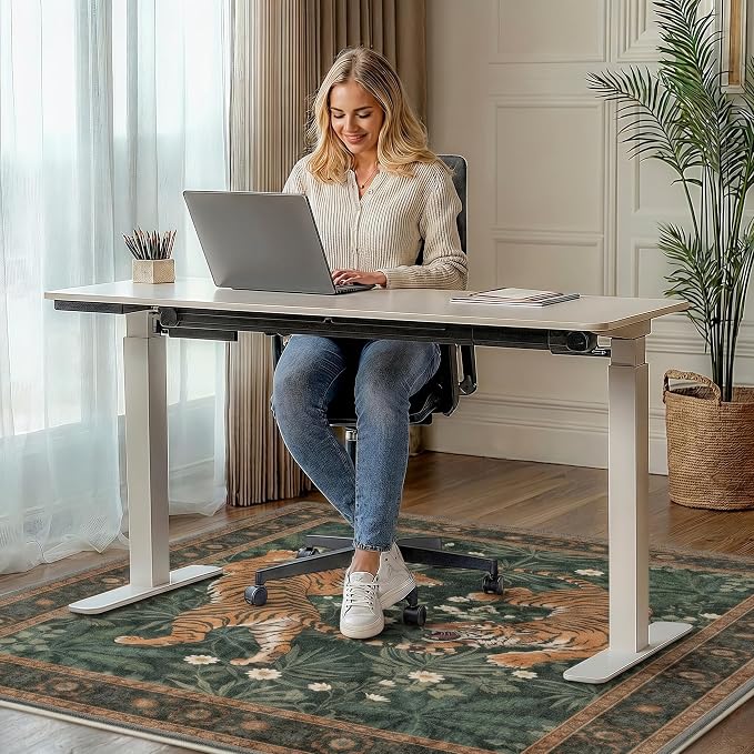 48"x72" Office Chair Mat for Hardwood Tile Floor, Under Desk Carpet Protector for Rolling Computer Chair Mat, Machine Washable Area Rug, Anti-Slip 1/5" Thick Low Pile Thin Vinyl Floor Mat, Tiger Green